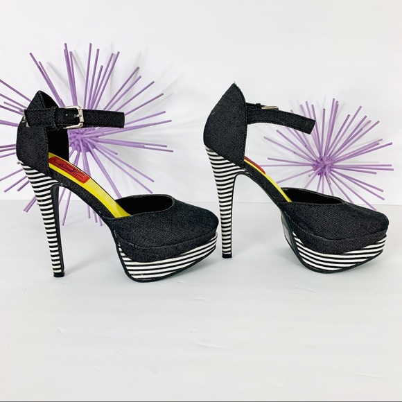 FRH /Black Jean Striped Double Platform Strap Heel - Picture 6 of 9